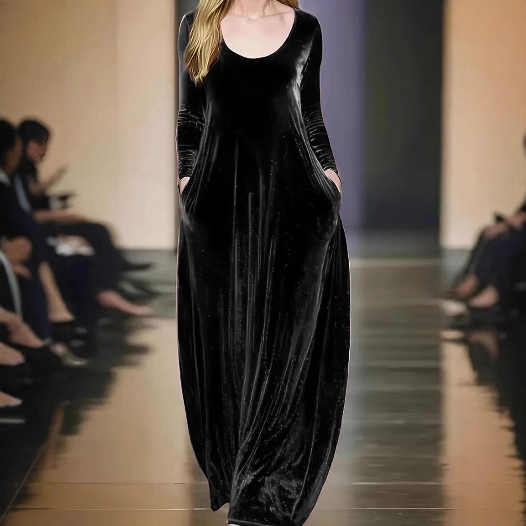 Women s Long-sleeved Round Neck Gold Velvet Elegant Long Dress Clothes Sale S чёрный