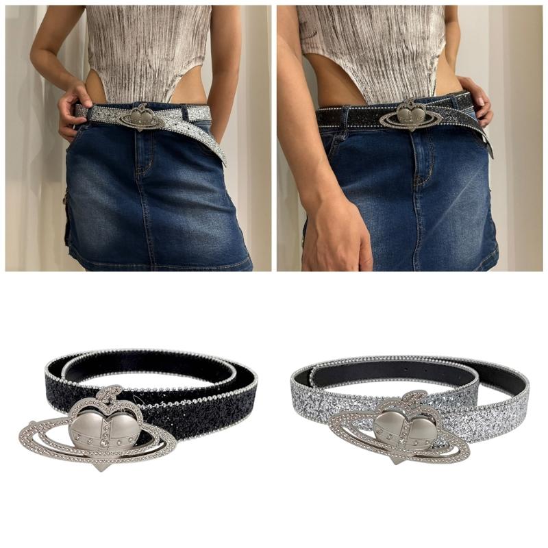 Eleganter PU-Ledergürtel für Damen mit Strassnieten, Herzschnalle, schimmernder schmaler Gürtel, lässige Taillenaccessoires