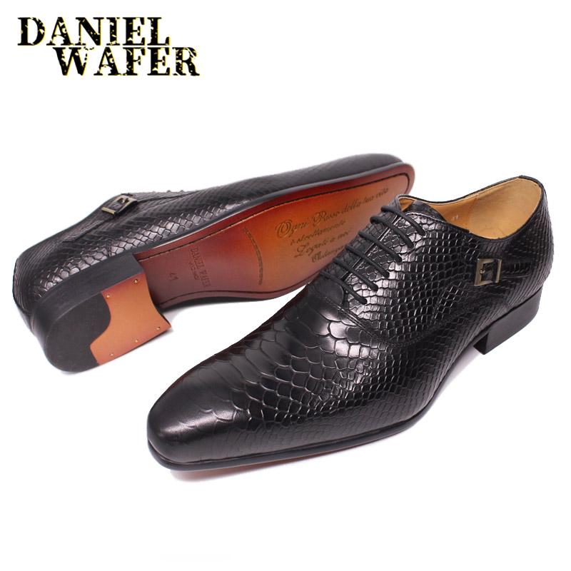 Fashion Luxury Men Leather Shoes Snake Skin Print Business Dress Formal Classic Style Burgundy Blue Pointed Toe Lace Up Oxford Shoes Men
