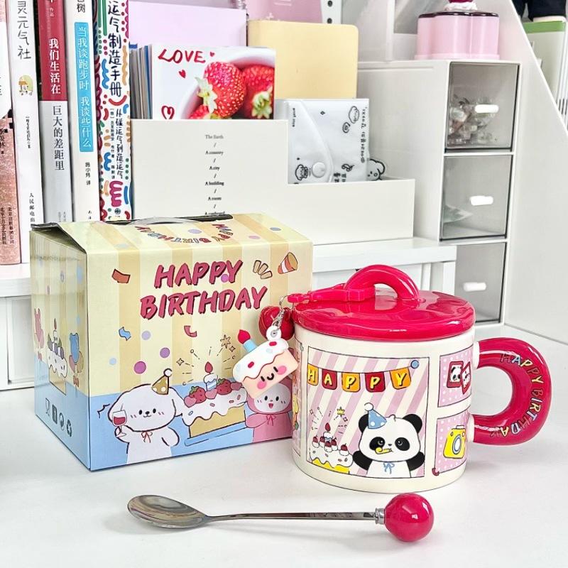 Cute cartoon mug girl gives girlfriend birthday gift puppy cake ceramic cup couple water cup with lid spoon