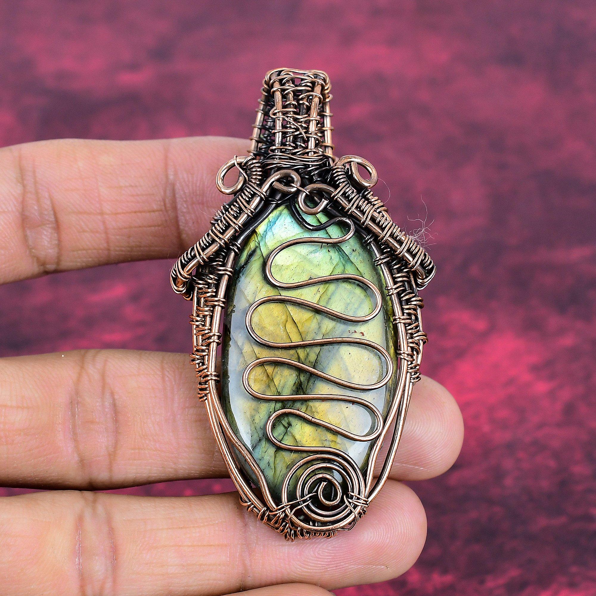 Labradorite Pendant Copper Wire Wrapped Gemstone Jewelry Handmade Dainty Pendant