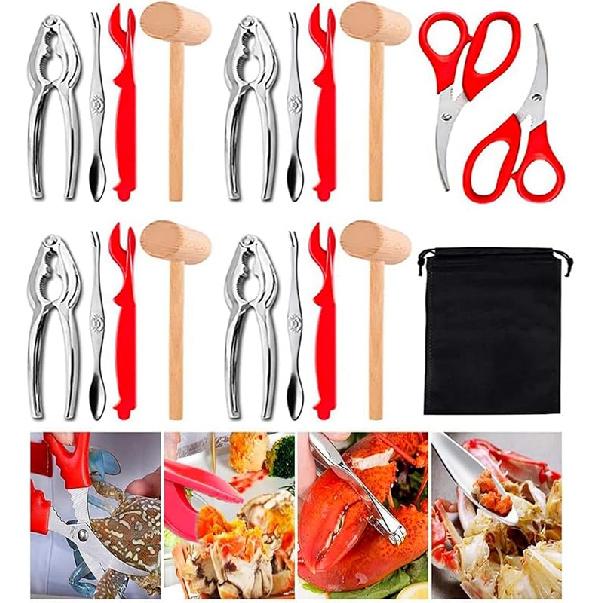 19 Pcs Seafood Tools Set, Crab Crackers And Tools Set, Include 4 Crab Crackers, 4 Shellfish/Seafood Forks, 4 Plastic Lobster Shellers, 4 Lobster Crab 19PCS