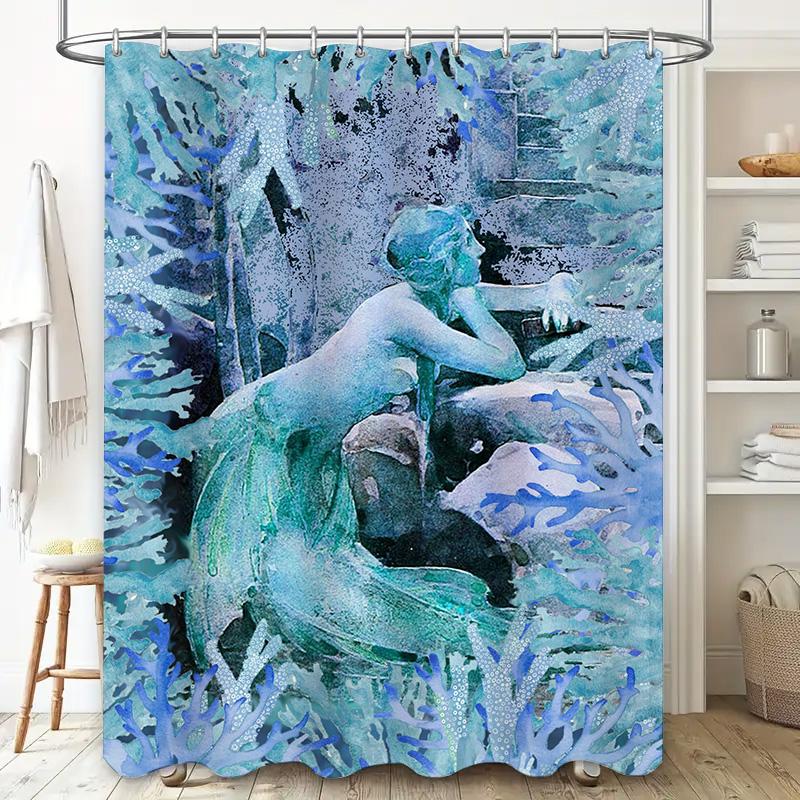 Luxury Watercolor Bath Curtain Blue Mermaid Design for Bathroom Decorations Home Accessories Shower Curtains in Green Blue Color