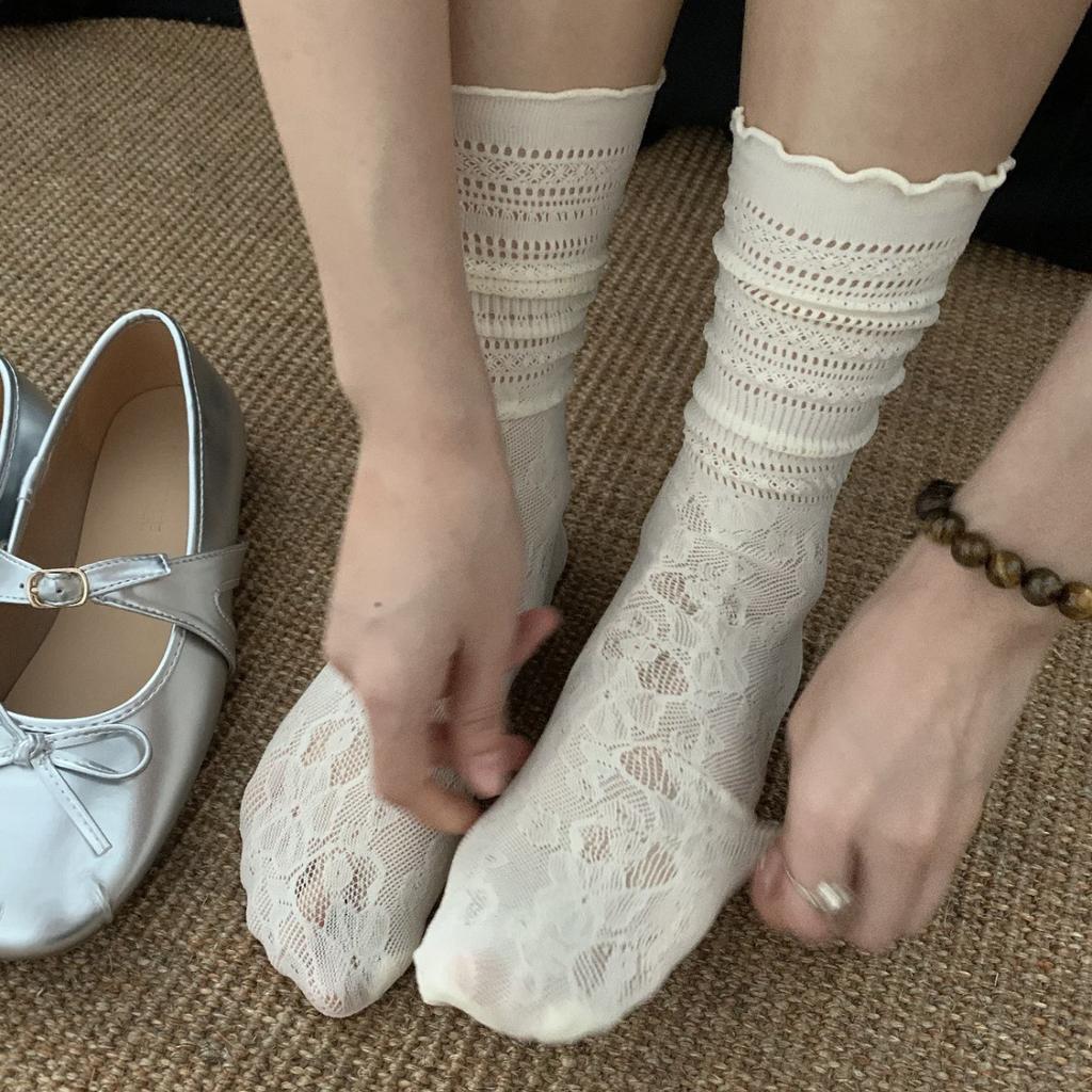 White Openwork Lace Stacked Socks Middle Tube Breathable Lolita Fungus Lace Socks Thin Summer