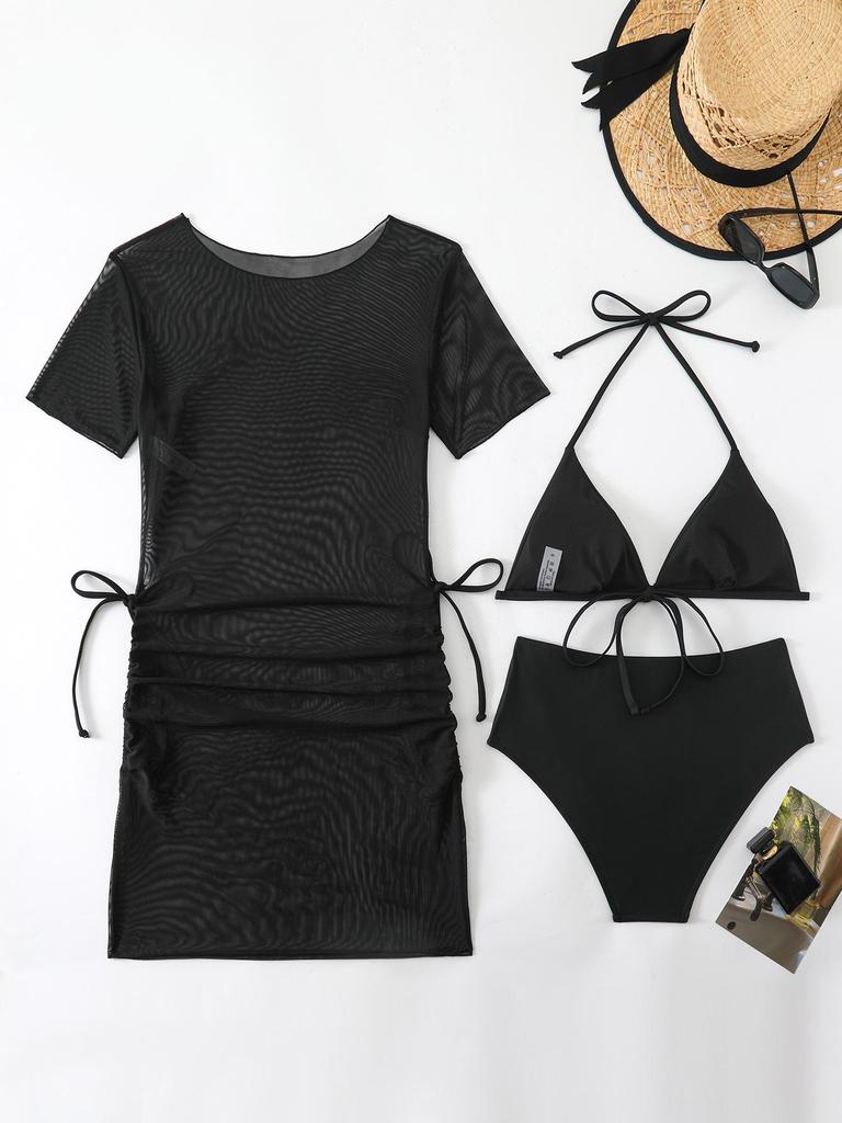 2025 European & American Bikini Three-Piece Set: Solid Color, Sexy Cover-Up, Slimming Swimwear for Women