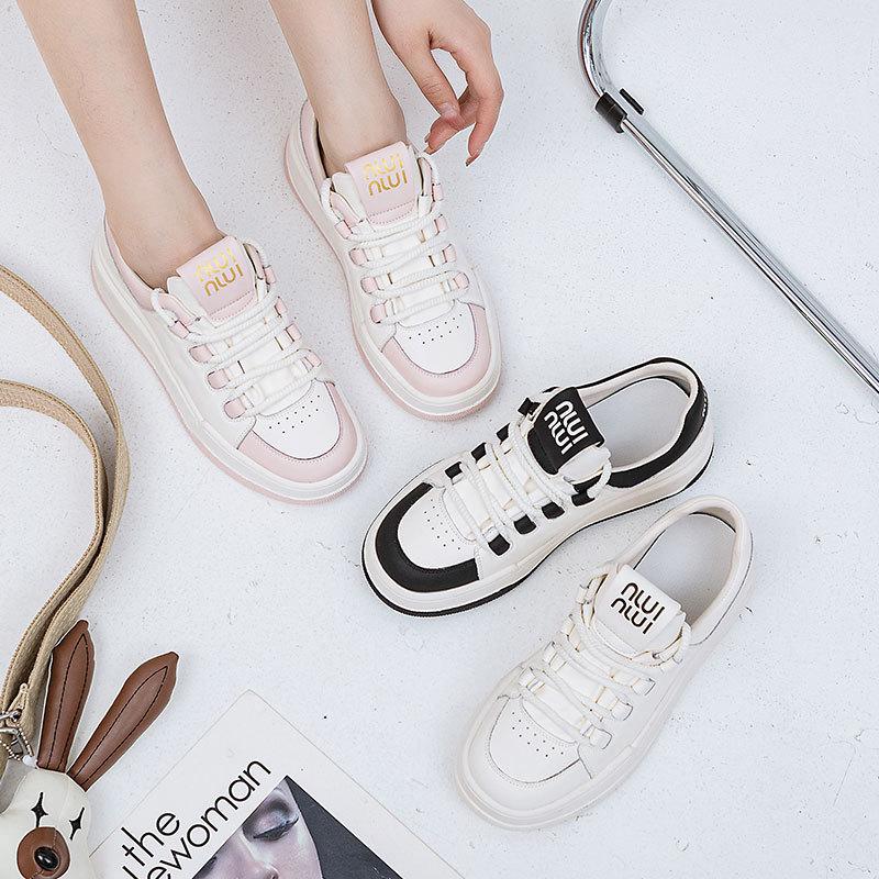 Internet celebrity leather sports shoes women's versatile casual soft-soled white shoes thick-soled panda color matching breathable women's shoes 