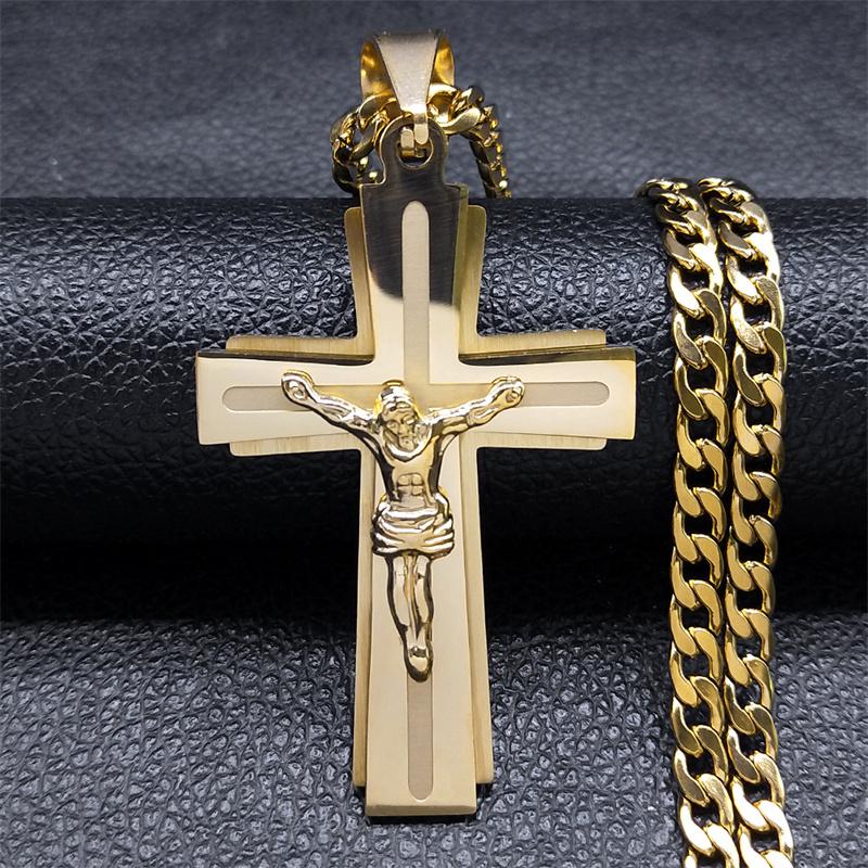 Collana con Croce di Gesù Acciaio Inossidabile Catena per Uomini Colore Argento Crocifisso Collane Religiose Gioielli Collare Cruz N2343S05