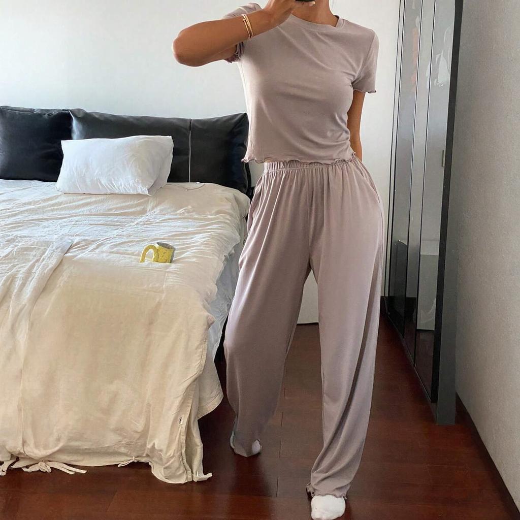 Women's Fall Two Piece  Outfits Long Sleeve Tops Tee Shirts Wide Leg Pants Sets