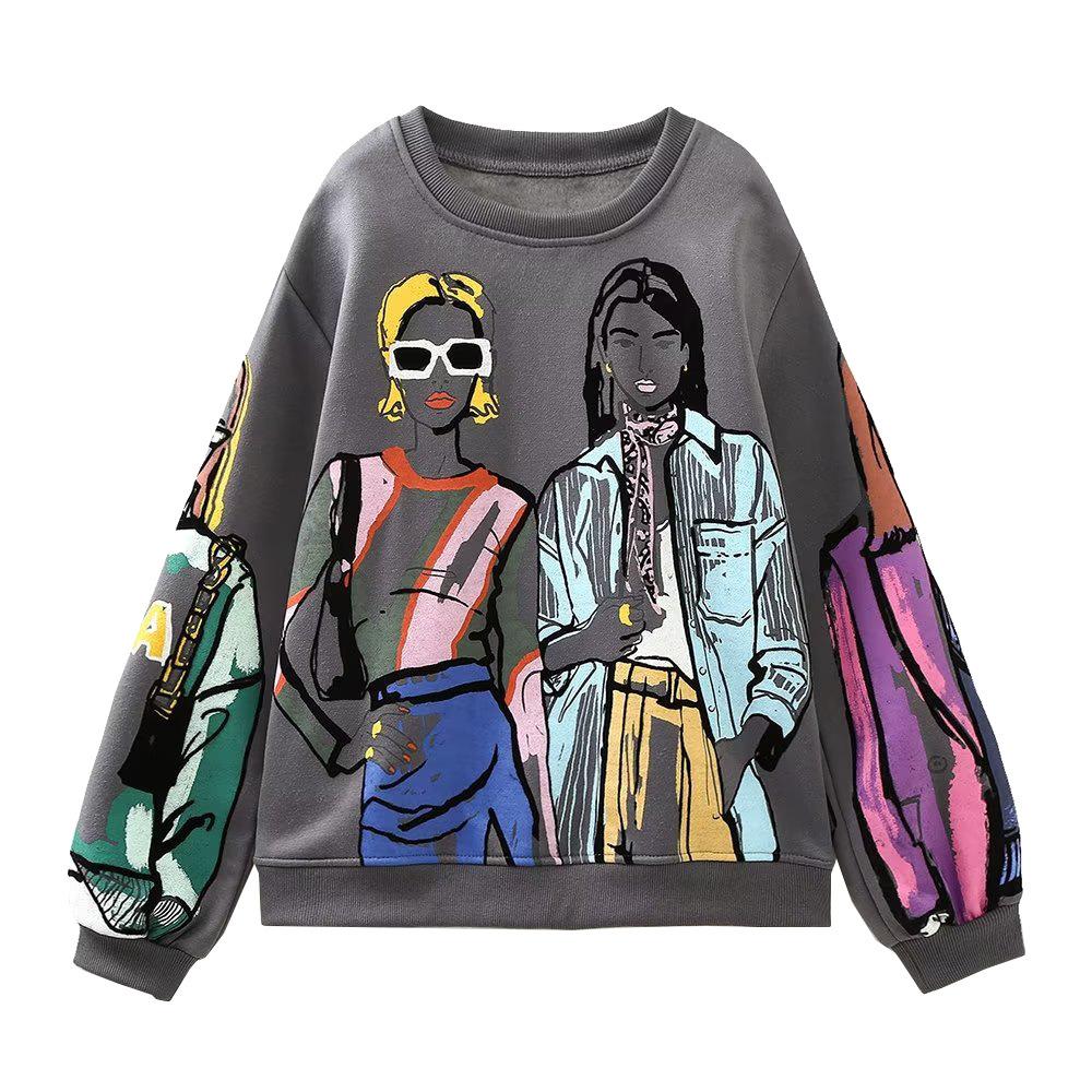 Осенне-зимняя женская теплая утепленная без капюшона круглая горловина свободная спортивная толстовка с принтом S серый