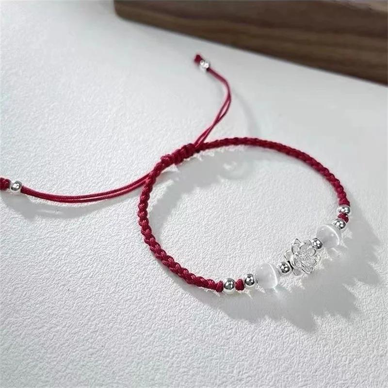 Vintage Handmade Chinese Style Braid Bracelet for Women Fashion Lotus Flower Beaded Bracelet Jewelry Adjustable Gifts
