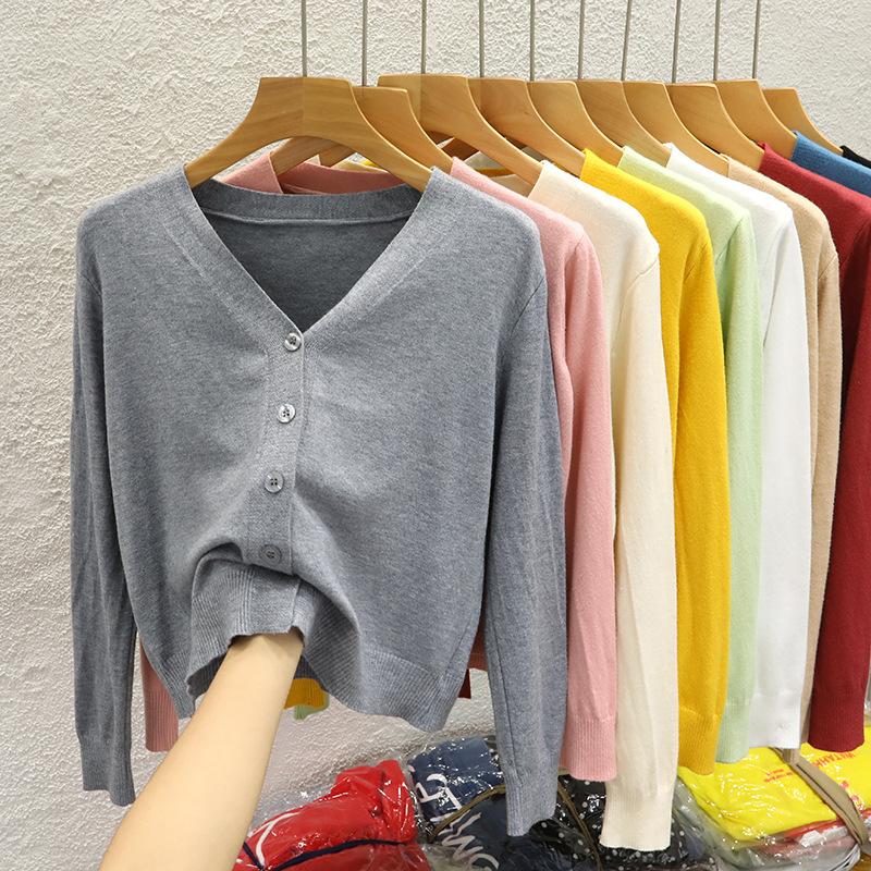 V-neck short knitted cardigan jacket women's spring and autumn new black outer sweater long-sleeved bottoming shirt top