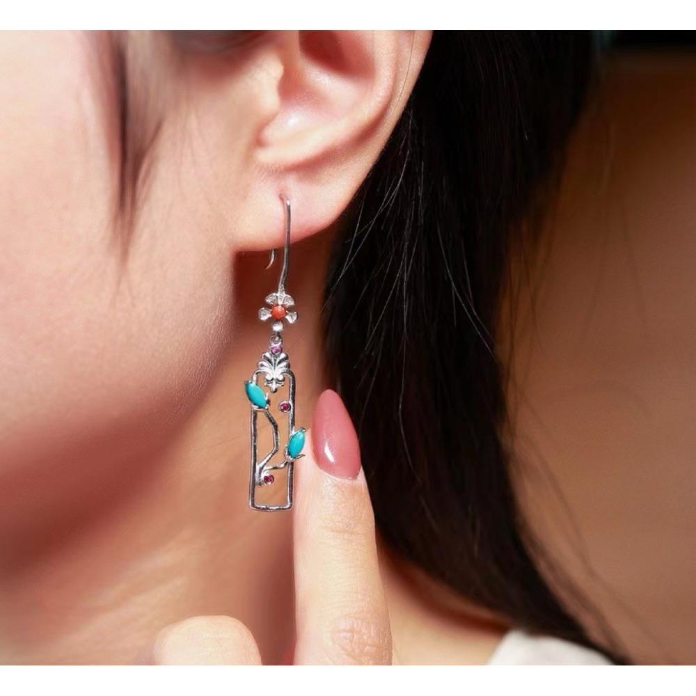 Natural Raw Ore Turquoise Stud Earrings Without Optimization High Porcelain Blue Green Pine Earrings S925 Silver Inlaid Hubei Raw Ore