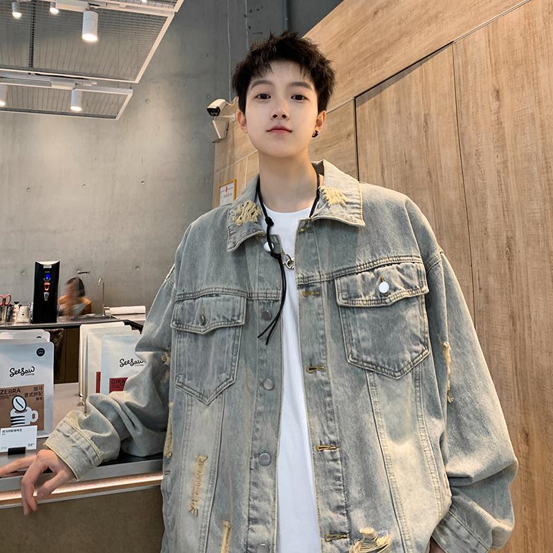 American retro washed old denim jacket men s trendy brand ruffian handsome loose versatile tooling jacket M