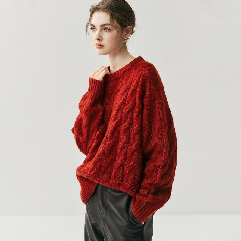 Women's Heavyweight Cable Knit Cashmere Pullover - Fall/Winter Long Sleeve Round Neck Sweater