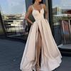 Lady Dress Side Slit A-Line Satin Sleeveless Spaghetti Straps Banquet Dress for Parties