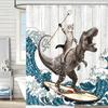 Surfing Dinosaur And Cat Shower Curtain - Fun Ocean Wave Art Decor - Washable Fabric Curtain - Creative Bathroom Accessories