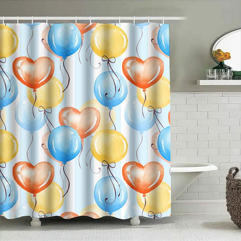 Aquarell Ballon Duschvorhang Blau Gelb Rot Heißluft Herzform Dekorativ Badewanne Stoffbänder Wasserdicht Zuhause Badzubehör