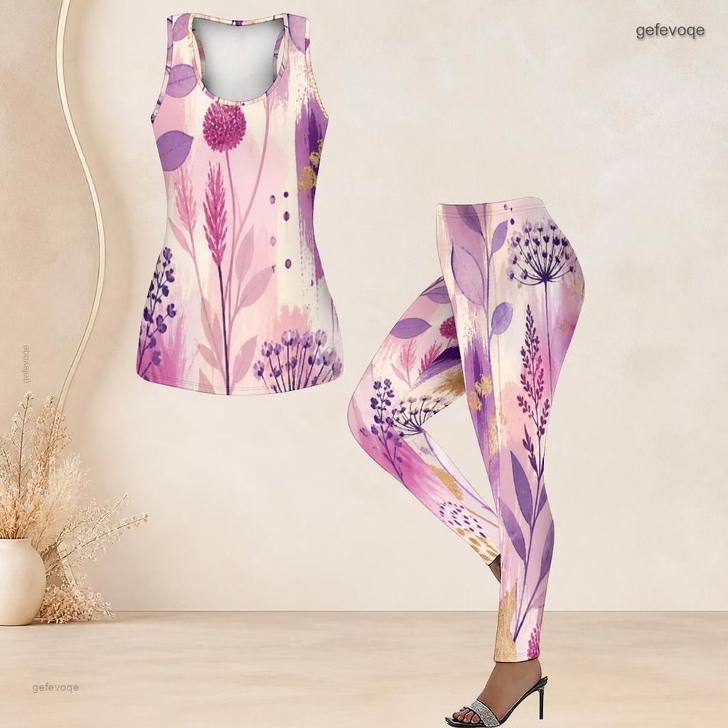 Women Plus Size Two Piece Set Scoop Neck Sleeveless Sage Green Floral Printed Tank Top Fitted Pants