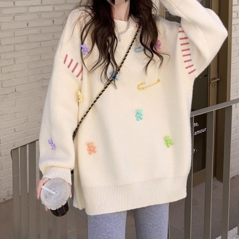 

Autumn new lazy style fashion solid color sweater women s loose pullover casual crew neck crew neck knitted top one size fits all белый