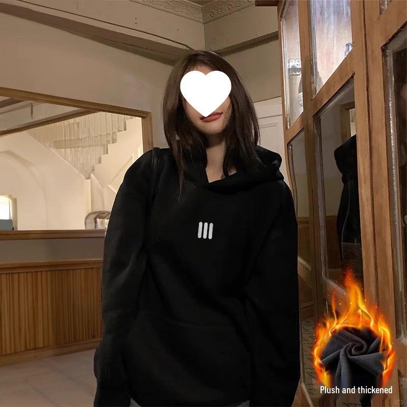 Women's Fleece-Lined Embroidered Hoodie, Thick Loose Fit, Long-Sleeve, White/Gray, New 2025 Style for Autumn/Winter.