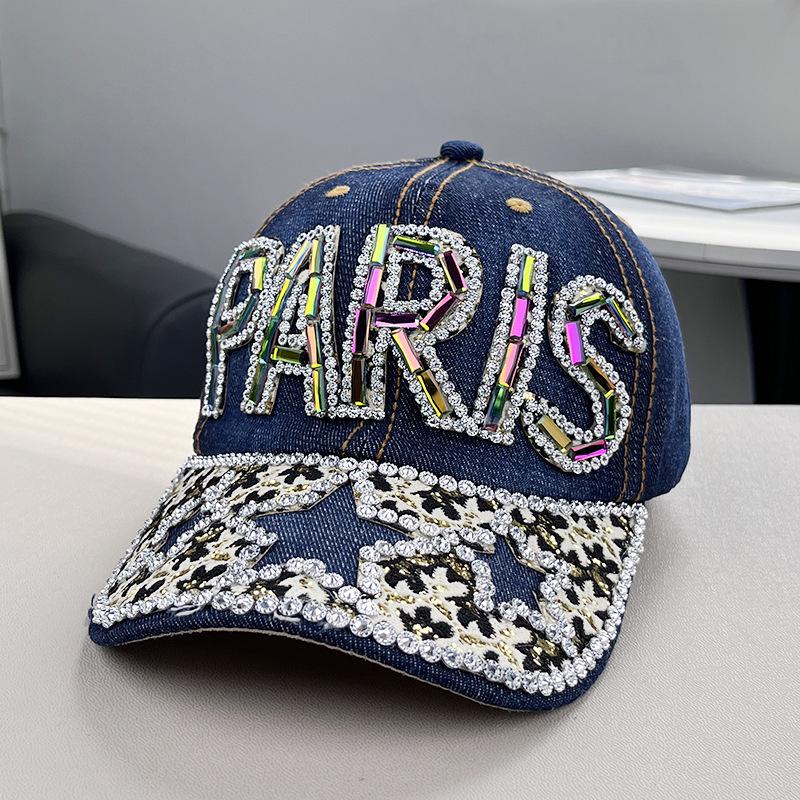 Damen Strass Denim Baseballkappe - Paris Schriftzug Sonnenhut