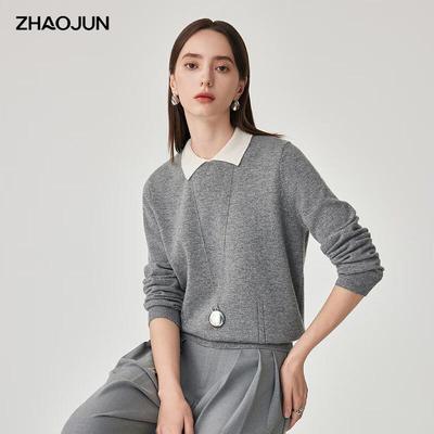 Zhaojun Women's 2025 Autumn/Winter Turn-down Collar Cable Knit Wool Sweater