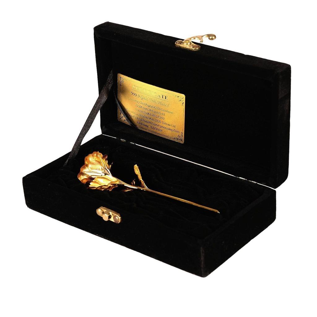 Golden Rose Flower with Golden Leaf with Black Gift Box