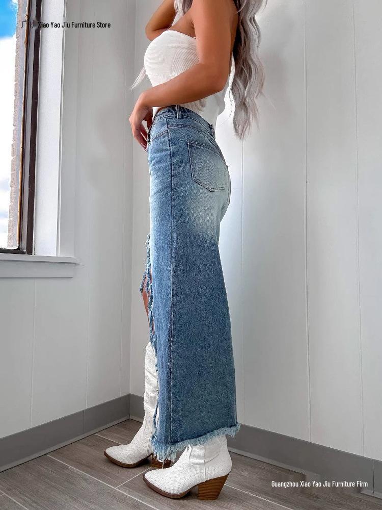 High-Waisted Irregular Frayed Denim Midi Skirt - Women's Vintage Washed Skirt