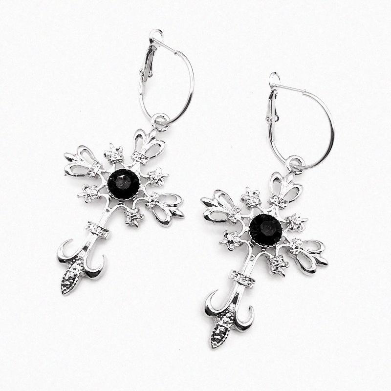 Gothic Punk Hollowed-out Cross Anchor Red Zircon Pendant Dangle Earrings for Women Personality Charm Hoop Earring Jewelry Gifts