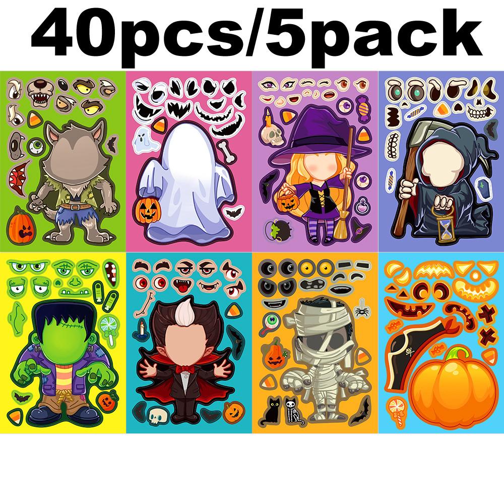 8Pcspack Cartoon Halloween Sticker Make A Face Puzzle Diy Pumpkin Ghost Assemble Jigsaw Educational Game Party Toy