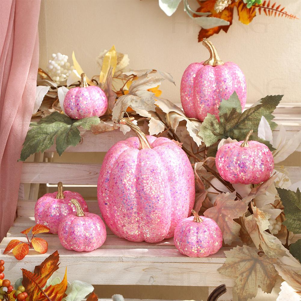7PCS Gold Glitter Pumpkin Decor Set  Glittered Plastic Pumpkin Decor Set - Perfect For Fall, Halloween Festive Party Decorations