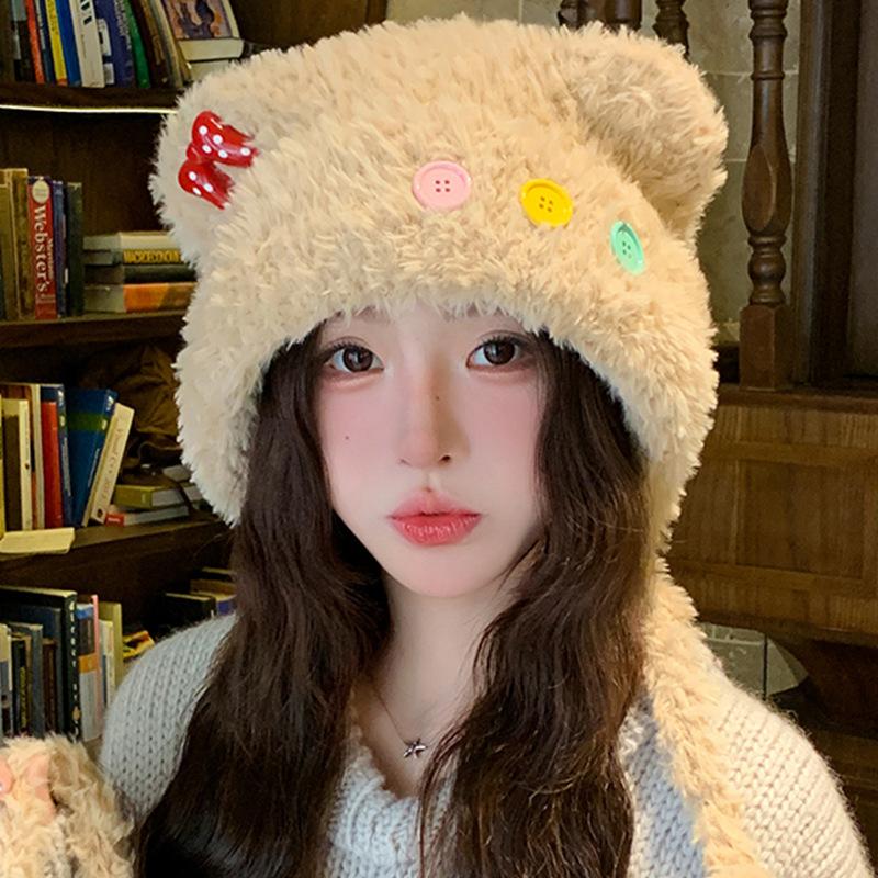 Cute Button Bear Ear Plush Knitted Hat for Women Warm and Ear Protecting Woolen Hat and Headscarf for Autumn and Winter