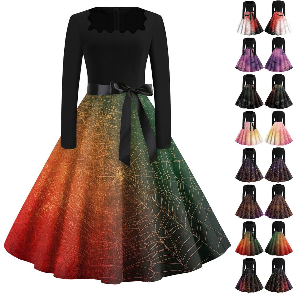Women's Fashion Square Neck Casual Slim Halloween Printed Long Sleeve Dresses