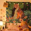 Illustrated Girl Hugging Tiger Tropical Jungle Art Tapestry Boho Wall Hanging Home Decor Soft Durable Cozy Aesthetic Gift