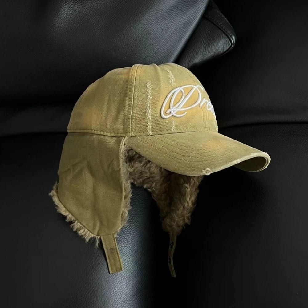 Windproof Earmuffs Baseball Hats Broken Style Retro Bomber Caps Letter Embroidery Versatile Fashion Winter Warm Hat