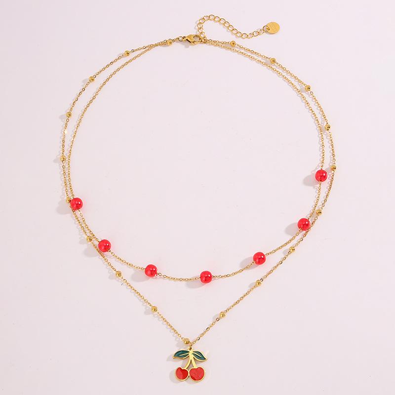 Stainless steel necklace pastoral cherry pendant necklace does not fade female titanium steel necklace fresh small cherry necklace