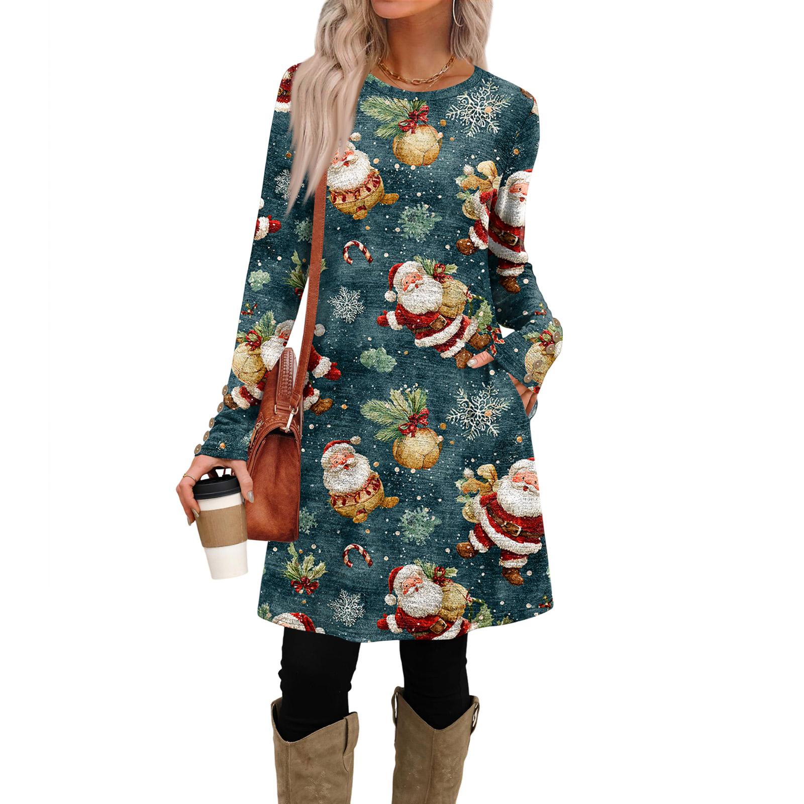 

Женское модное повседневное платье с карманами, декоративными пуговицами, рождественскими принтами, круглым вырезом и длинными рукавами S