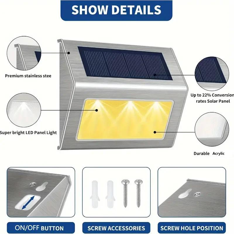 1-8PCS Solar Stainless Steel Step Light Solar Outdoor Lights Waterproof Garden Fence Decoration Wall Lamp for Patio Street Yard