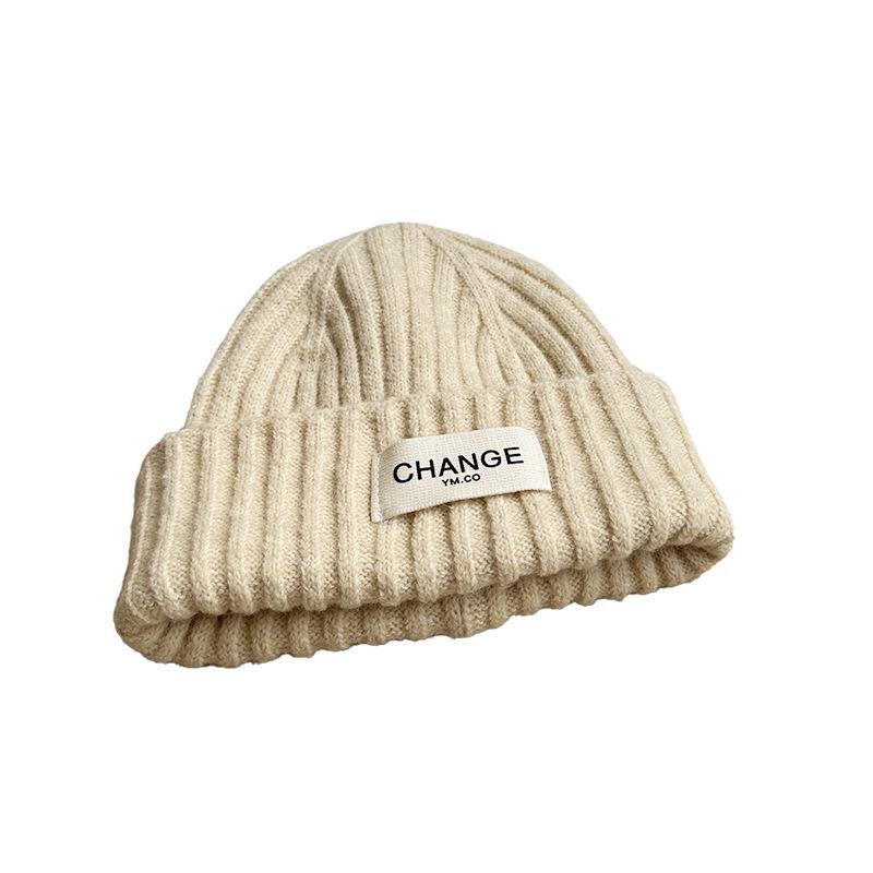 Korean Letter Patch Knitted Woolen Hat Autumn and Winter Warm Curled Edge Woolen Hat Large Head Circumference Loose Knitted Hat