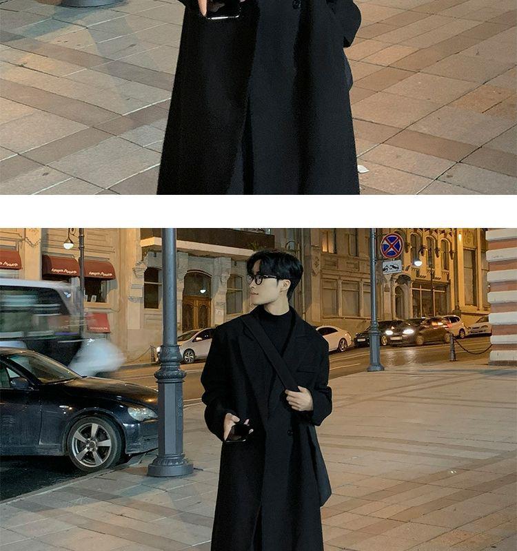 Men's Korean Style Over-the-Knee Wool Winter Coat - Thickened, Mid-Length, Loose Fit