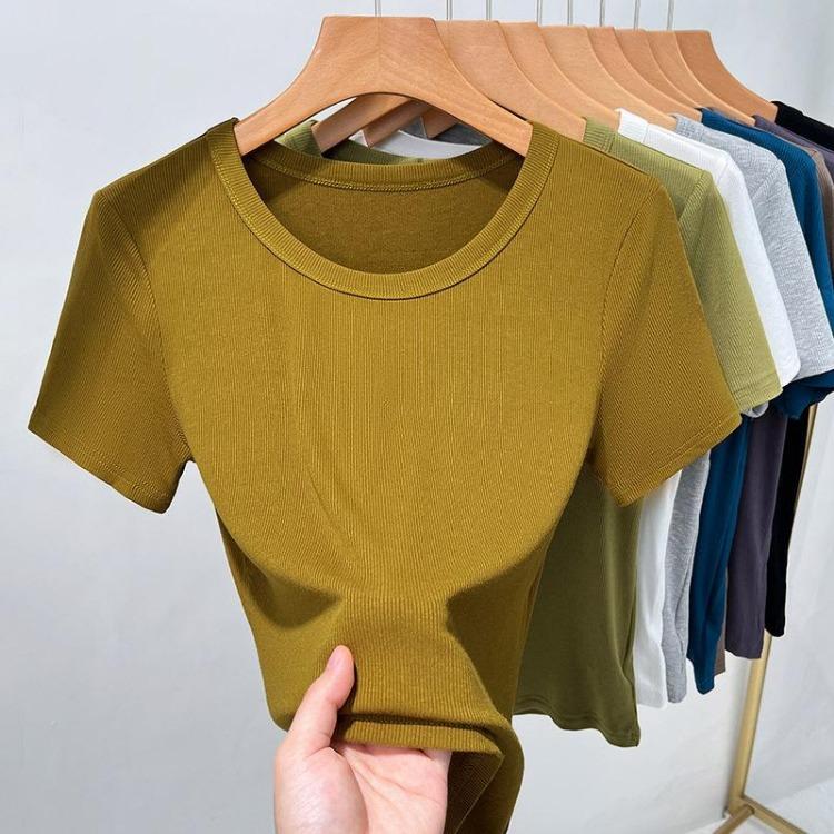 Women's Fashion Solid Color Threaded Short Sleeve T Shirt Big Round Neck Waist Top Inner Bottoming Shirt New