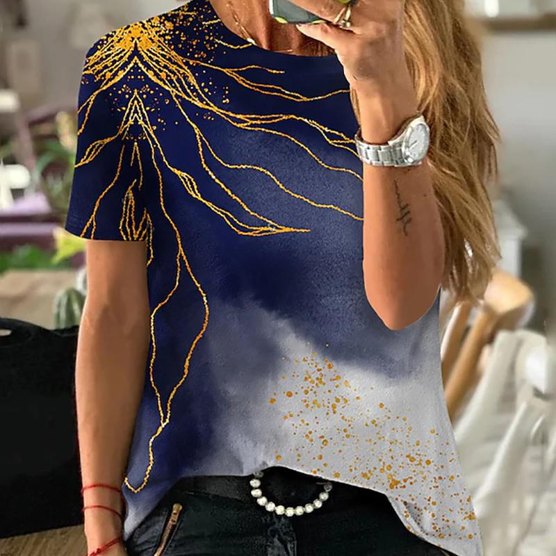 Dame Sommer T-skjorte Trendtrykk Retro Mote Kortermet Tees Casual Trykte Topper