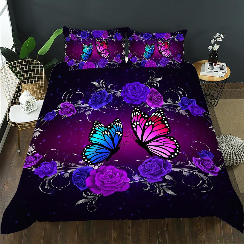 Purple Butterfly Three-Piece Digital Printing Kit 3D Duvet Set Bedding