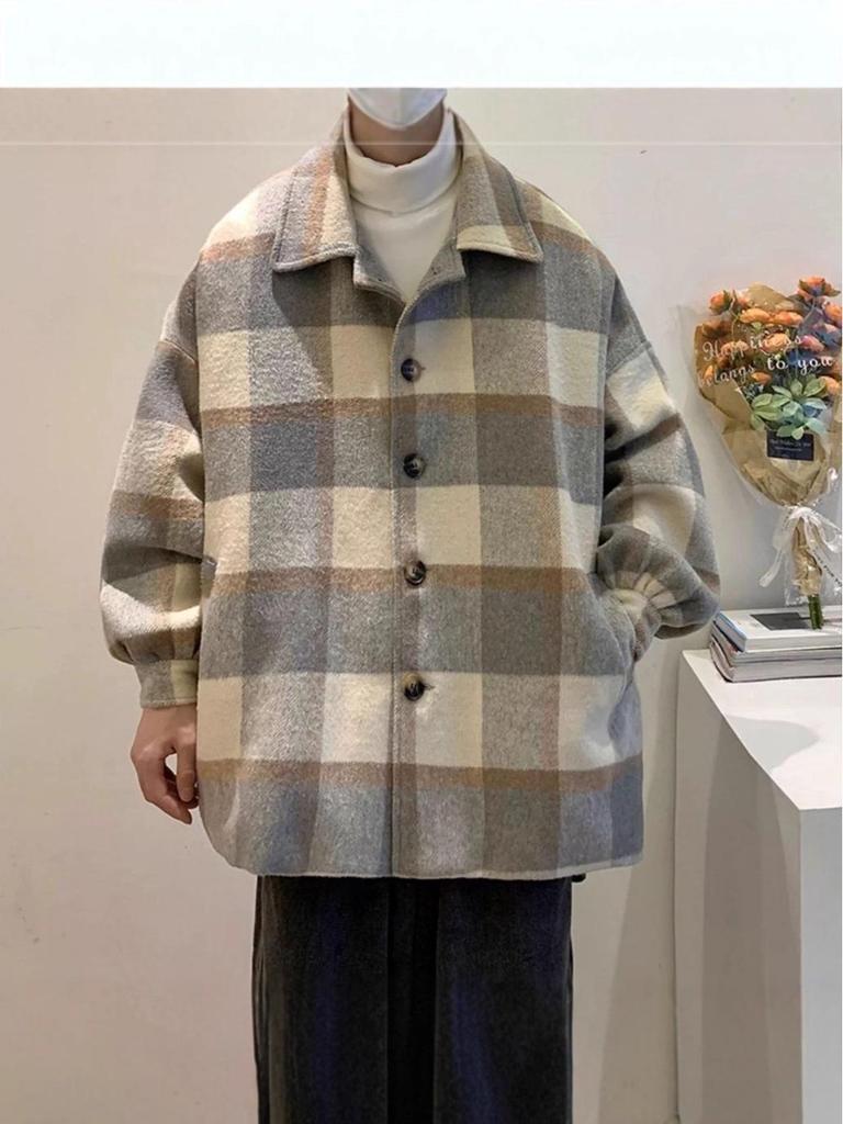 Men's Mid-Length Winter Plaid Wool Coat - Trendy Loose-Fit Windbreaker Jacket