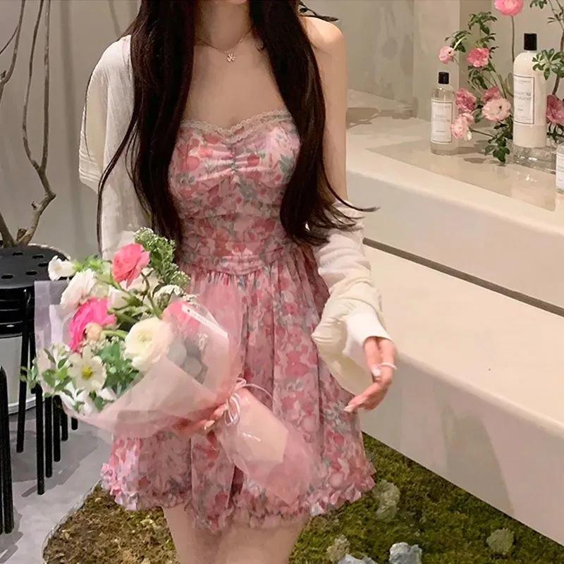 Beautiful temperament suspender dress female summer high-end fairy dress chiffon high waist thin retro floral skirt