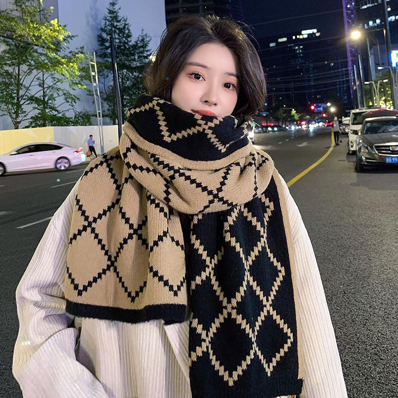

Autumn Winter Couple Korean Style Warm Plaid Double Sided Faux Cashmere Neck Wrap Extra Long Knitted Thickened Student Scarf Women