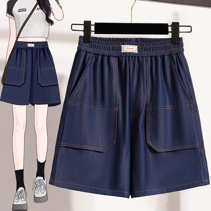 

DIMANAF 2026 Spring Summer Plus Size Women Short Pants Elastic Waist Oversize Lady Shorts Denim Jeans Cotton Loose 5XL синій