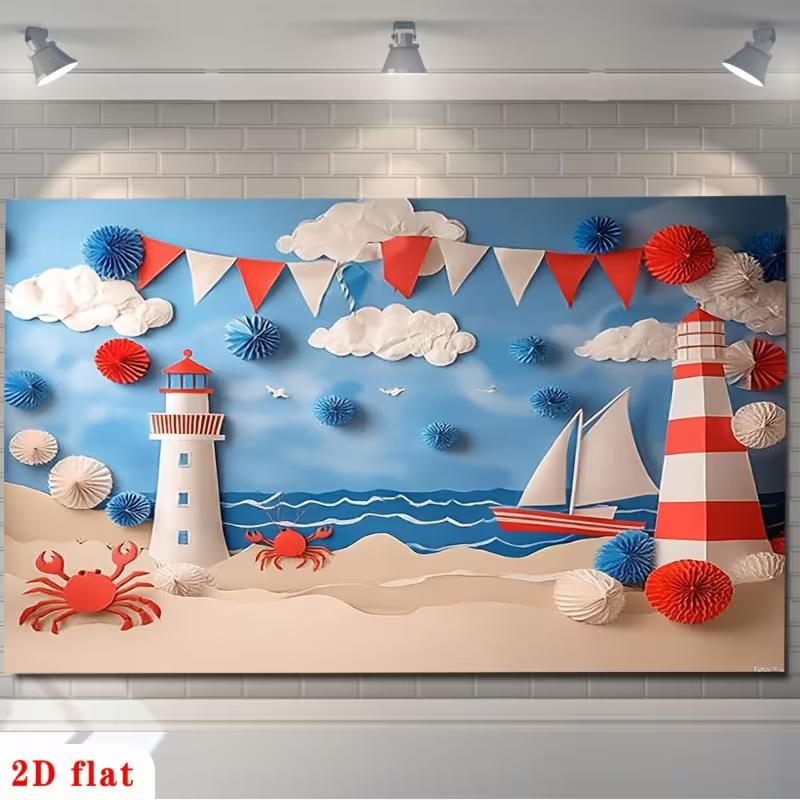 2D Nautical Beach Photo Backdrop Baby Shower Decor Cloth