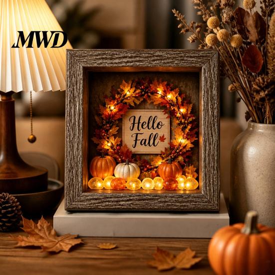 Wood Glass Picture Frame Halloween Shadow Box DIY Lighted Craft Kit, Wooden Night Light with Gothic Style Lamp Sea Stones, LED Memory Display Case for