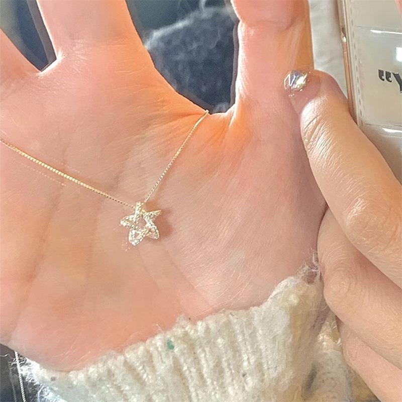 Fashion Women Necklace Double Layer Zircon Pentagram Moon Pendant Necklace Delicate Chain Charm Elegant Fashion Jewelry Gifts